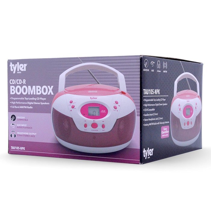 Tyler Portable Neon Pink Stereo CD Player with AM/FM Radio and Aux & Headphone Jack Line-In (TAU105-NPK) N3