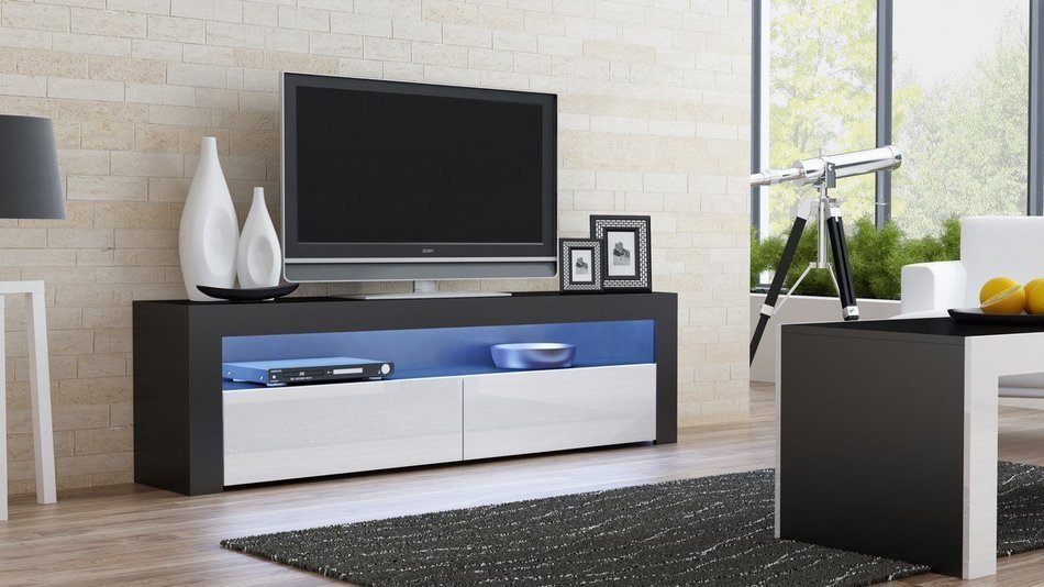 TV Console MILANO Classic BLACK - TV stand up to 70-inch flat TV screens &ndash; LED lighting and High Gloss finish...
