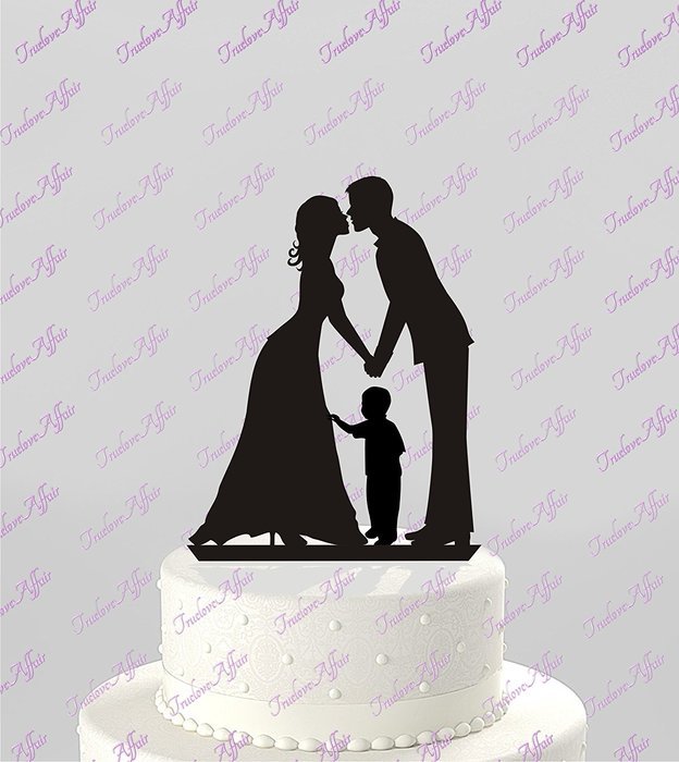 Wedding Cake Topper Silhouette Groom and Bride with Little Boy - Family Acrylic Cake Topper