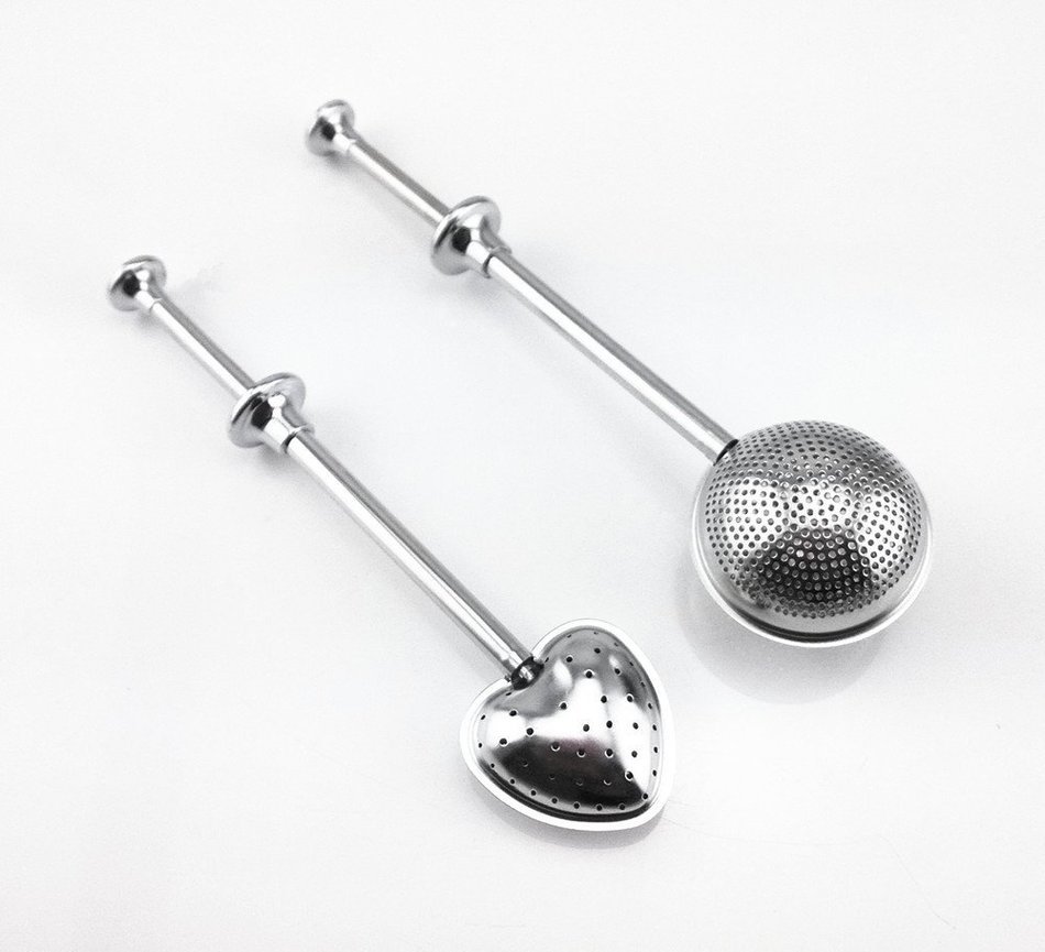 yueton 2pcs Stainless Steel Ball and Heart Shape Push Stretchable Tea Infuser Strainer with Long Spoon Handle