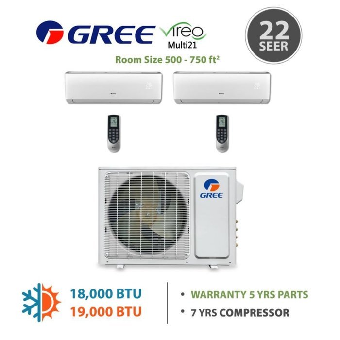 GREE Multi21 2 Zone VIREO Mini-Split System 18,000 BTU Heat Pump N12