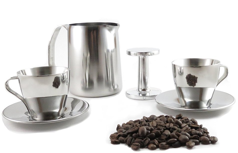 Espresso Stainless Steel Cups, Milk Frothing cup and Tamper Kit