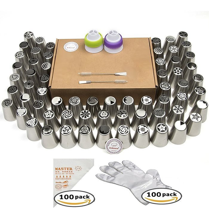 Full Model Russian Piping Tips Set 63 Nozzles + 100 Pastry Bags + 2 Tri-Color Coupler + 2 Tip Brush + 100 Disposable...