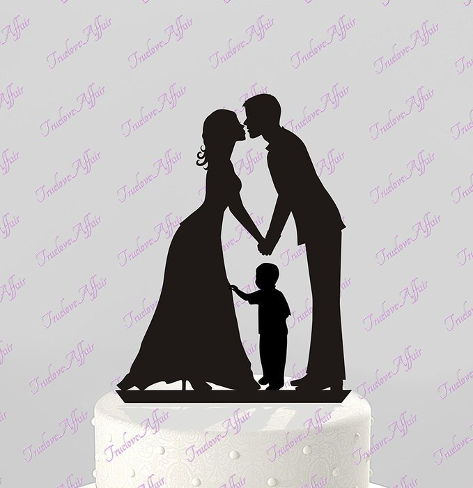 Wedding Cake Topper Silhouette Groom and Bride with Little Boy - Family Acrylic Cake Topper N2