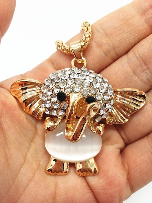 QTMY Cute Gold Opal Elephant Rhinestone Statement Choker Long Necklace Jewelry with Pendant for Women teen girls N4