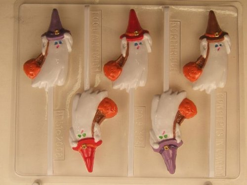Ghost w/ witch's hat w/ pumpkin bag on shoulder H151 Halloween Chocolate Candy Mold