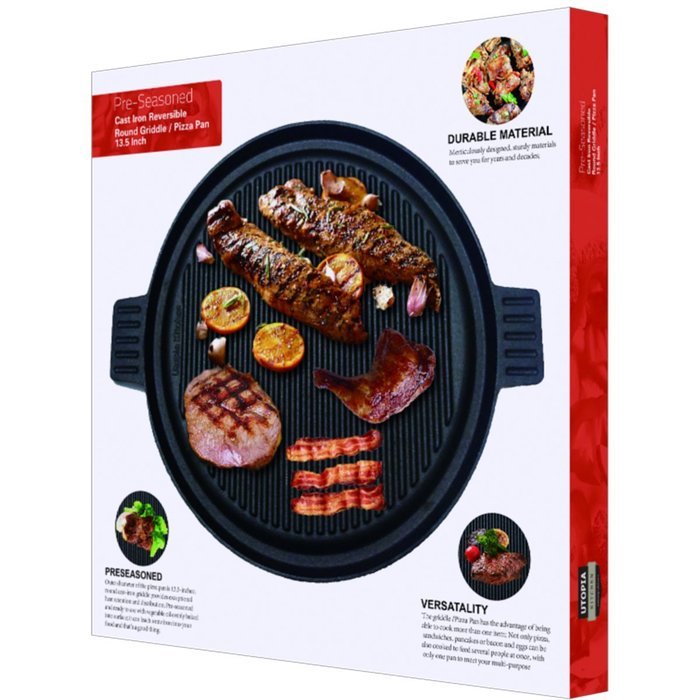 Cast Iron Griddle Pizza Pan - Pre Seasoned Grill (New Design), Black by Utopia Kitchen N3