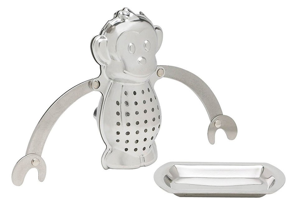 HIC Hangin&rsquo; Dunkin Monkey Loose Tea Leaf Tea Infuser and Drip Tray, Stainless Steel, 3-Inch by 2.25-Inch