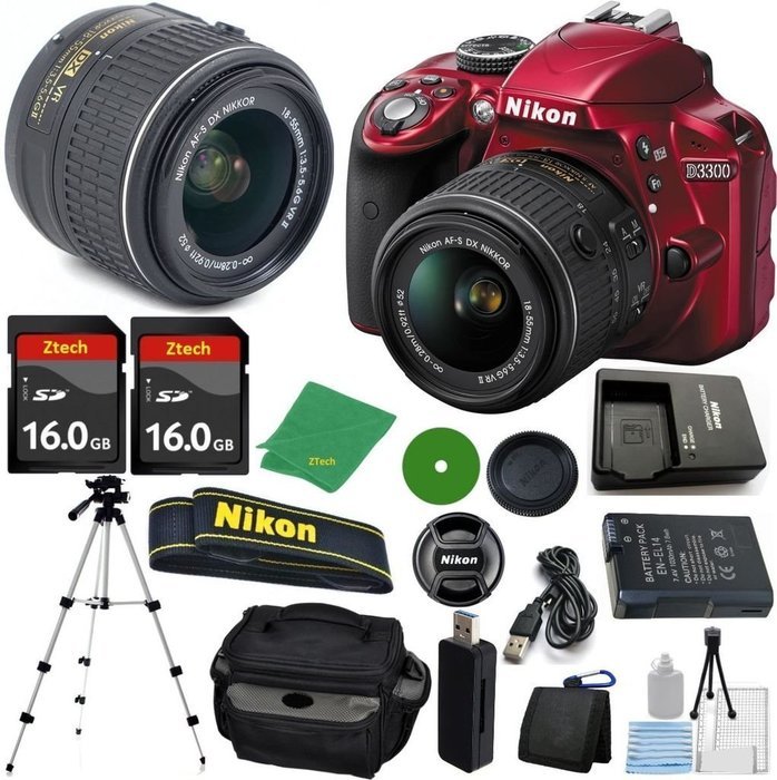 Nikon D3300 Red Digital SLR - International Version (No Warranty), 18-55mm f/3.5-5.6 DX VR, 2pcs 16GB ZeeTech...