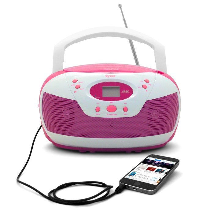 Tyler Portable Neon Pink Stereo CD Player with AM/FM Radio and Aux & Headphone Jack Line-In (TAU105-NPK) N6