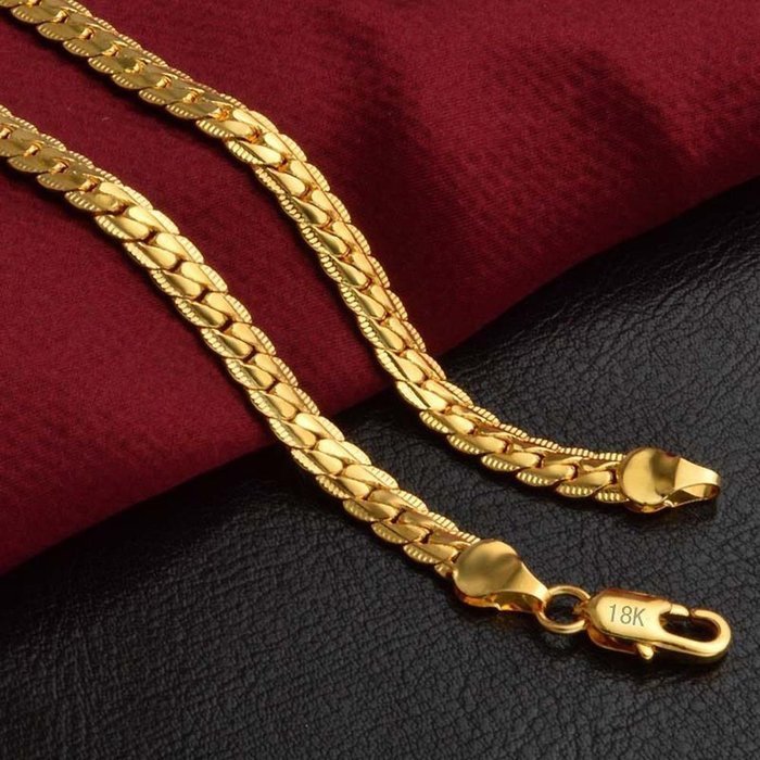 Fashion 18K Gold Plated Stainless Steel Flat Necklace Chain Women Men Jewelry N4