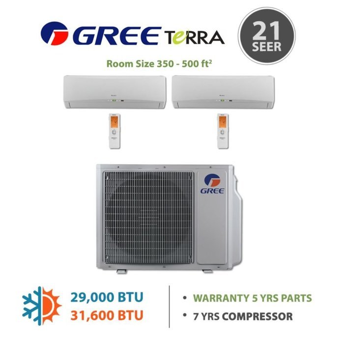 Gree MULTI30BTERRA202 - 30,000 BTU Multi21 Dual-Zone Wall Mounted Mini Split Air Conditioner with Heat Pump 220V... N3