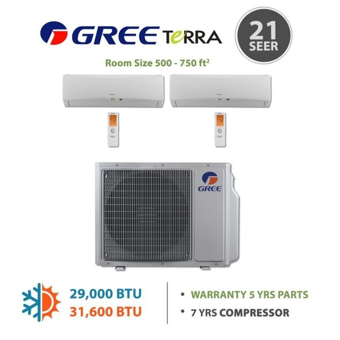 Gree MULTI30BTERRA202 - 30,000 BTU Multi21 Dual-Zone Wall Mounted Mini Split Air Conditioner with Heat Pump 220V... N9