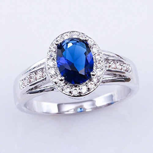 Fashion Jewelry 925 Silver Oval Cut Blue Sapphire Wedding Gemstone Ring Women (8)