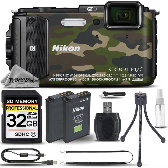 Nikon COOLPIX AW130 16MP Waterproof Digital Camera (Camouflage) + 32GB Class 10 Memory Card + Backup Battery +... N2
