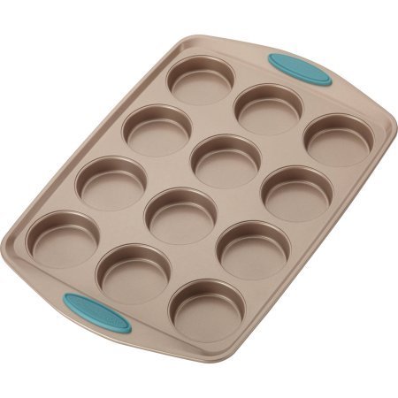 Rachael Ray Cucina Nonstick Bakeware 12-Cup Muffin/Cupcake Pan, Latte Brown, Agave Blue Handle Grips N2
