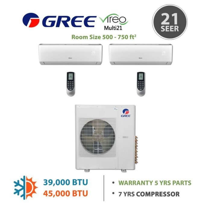 GREE Multi21 2 Zone VIREO Mini-Split System 18,000 BTU Heat Pump N21