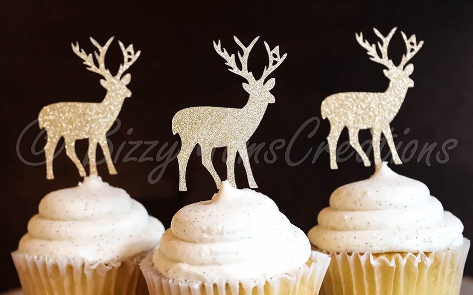 Set of 12 - Gold Glitter Deer Cupcake Toppers - Birthday Cupcake Topper, birthday cake topper, wedding cupcake... N2