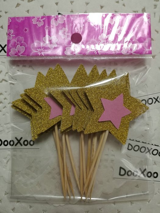 DOOXOO Gold and Pink Glitter Star Cupcake Toppers, Party Decor, New Years Eve, Wedding, Double-Sided, Set of 12
