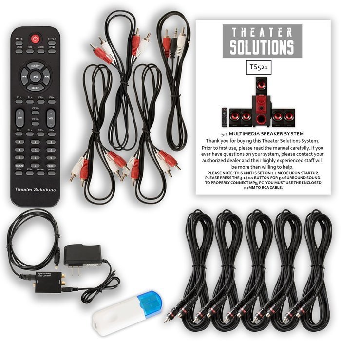 Theater Solutions TS521 Home 5.1 Speaker System with USB Bluetooth Optical Input and 5 Ext. Cables