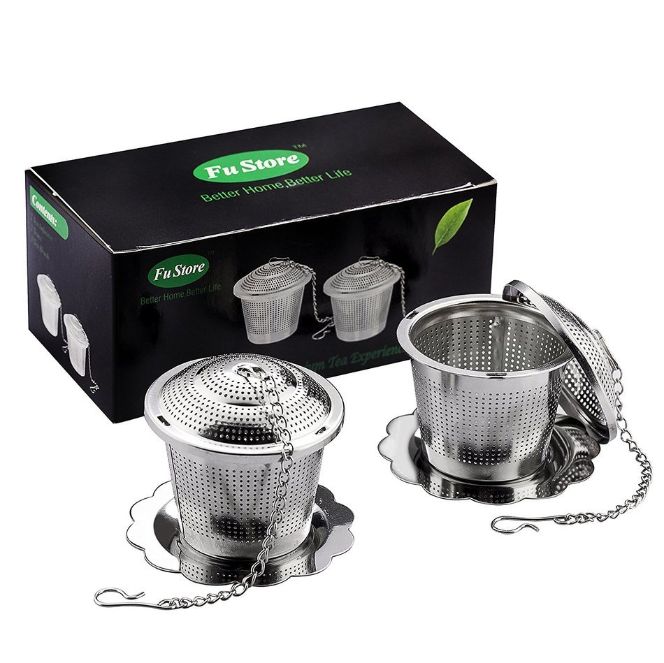 Fu Store Loose Leaf Tea Infuser (Set of 2) with Cup Brush and Drip Trays - Ultra Fine Stainless Steel Strainer...
