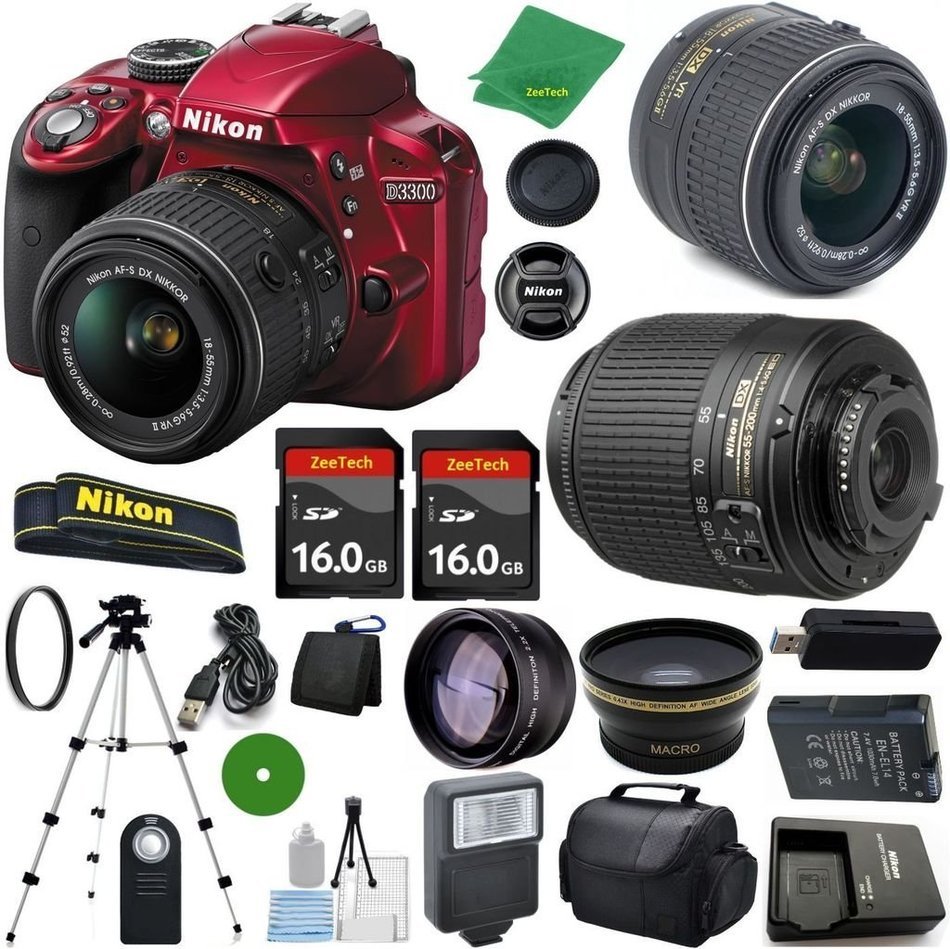 Nikon D3300 Red - International Version (No Warranty), 18-55mm f/3.5-5.6 DX VR, Nikon 55-200mm f4-5.6G ED DX Nikkor...
