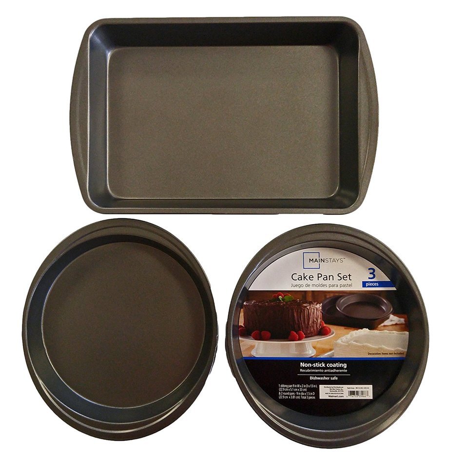Set of 3 Mainstays Non-Stick Cake Pan Set Rectangular 13" x 9" x 2" & Two - 9" x 1.5" Round Pans (3)