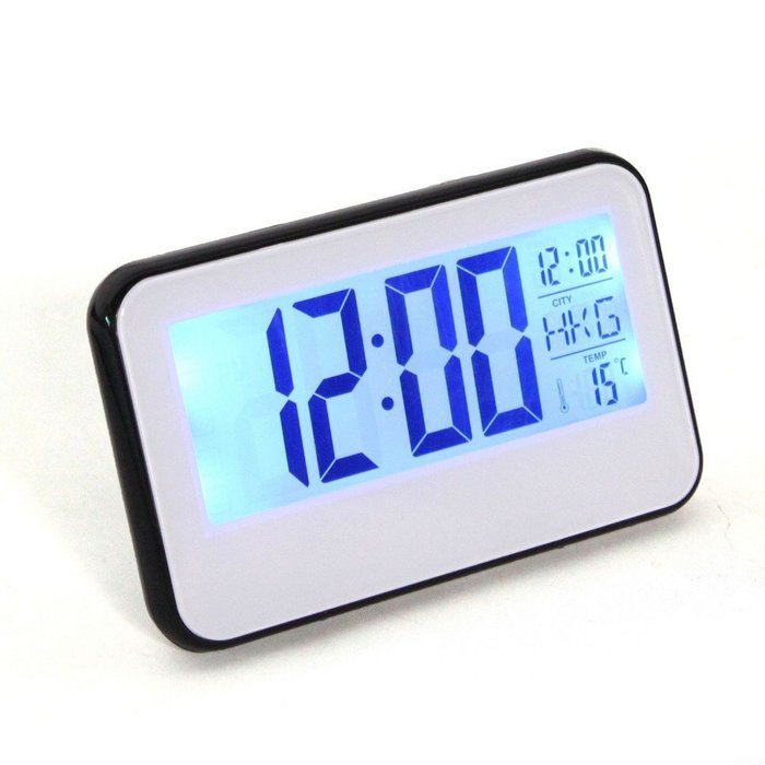 New Digital Voice Control Back-light LCD Atmos Clock Calendar Temp White Black Alarm Display N2