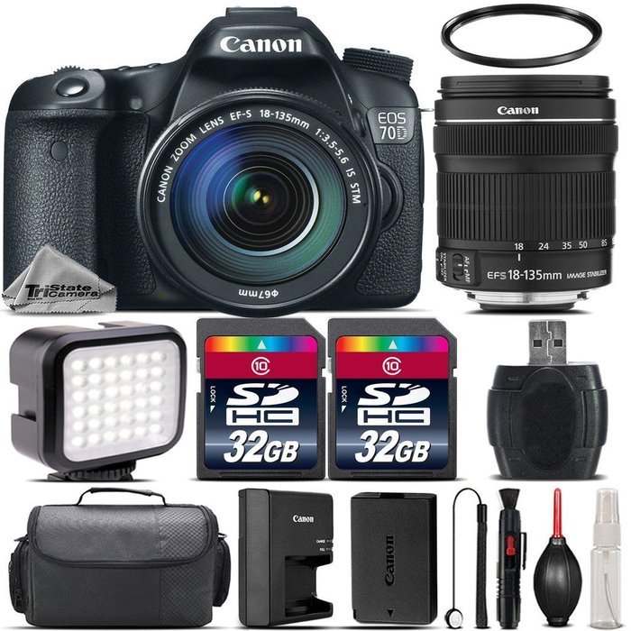 Canon EOS 70D DSLR 20.2MP WiFi Camera + 18-135mm IS STM Lens + 64GB Storage + LED Kit + Case + UV Filter + Card... N5