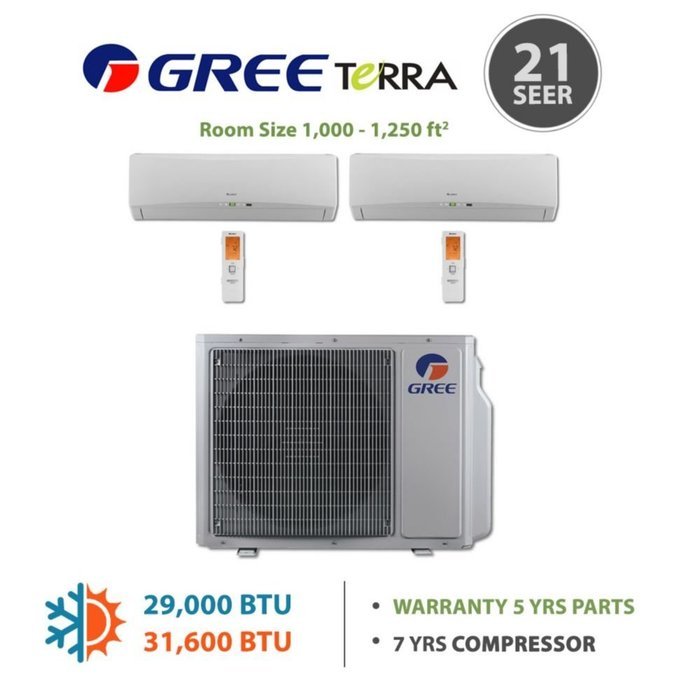 Gree MULTI30BTERRA202 - 30,000 BTU Multi21 Dual-Zone Wall Mounted Mini Split Air Conditioner with Heat Pump 220V... N17