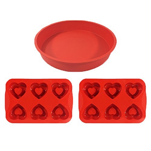 1 Piece Silicone Round Cake Pan Colour Red + 2 Piece Silicone 6-cup Heart Shape Muffin Cake Mould Colour Red +...