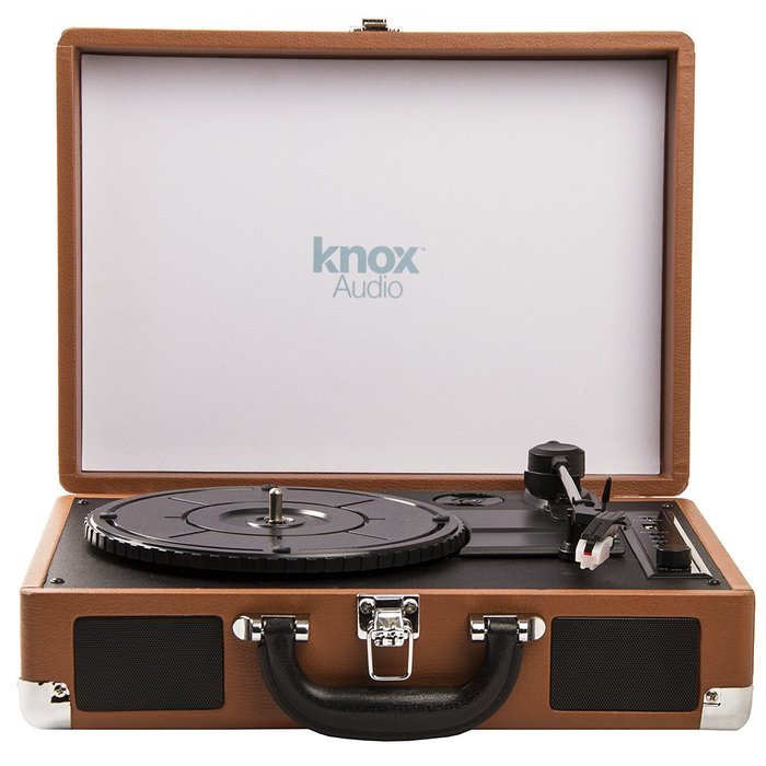 Knox Portable Turntable With BlueTooth, USB Drive, Built in Speakers & Rechargabable Battery - Brown