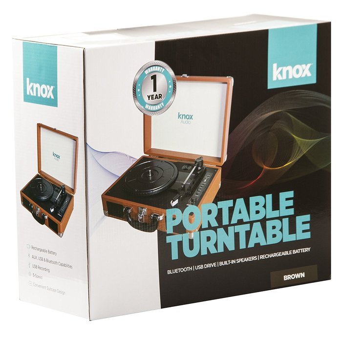 Knox Portable Turntable With BlueTooth, USB Drive, Built in Speakers & Rechargabable Battery - Brown N4