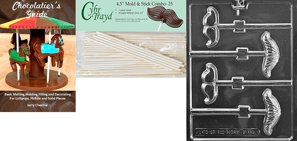 Cybrtrayd "Mustache Assortment Lolly" Dads Chocolate Candy Mold with Lollipop Supply Bundle, Includes 50 Lollipop...