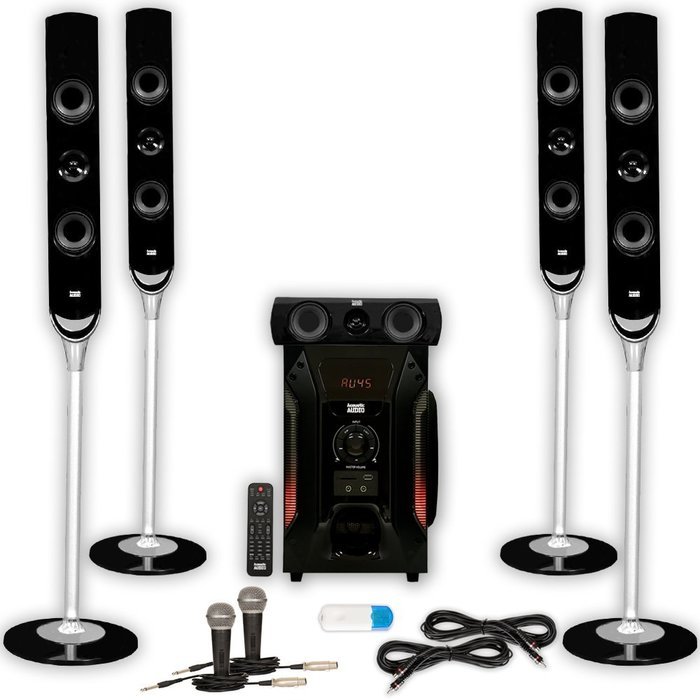 Acoustic Audio AAT1000 Tower 5.1 Speaker System with USB Bluetooth 2 Mics and 2 Extension Cables
