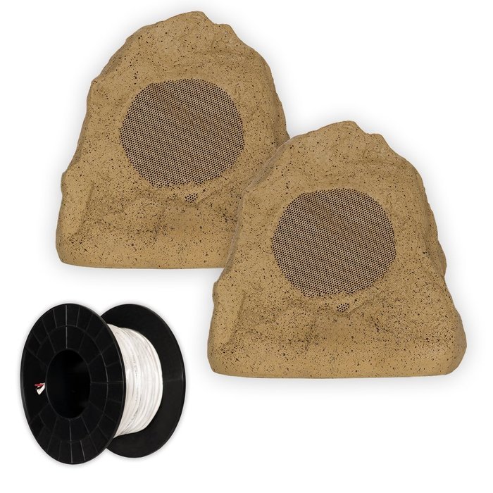 Theater Solutions 2R4S Outdoor Sandstone Rock 2 Speaker Set with Wire for Deck Pool Spa Patio Garden
