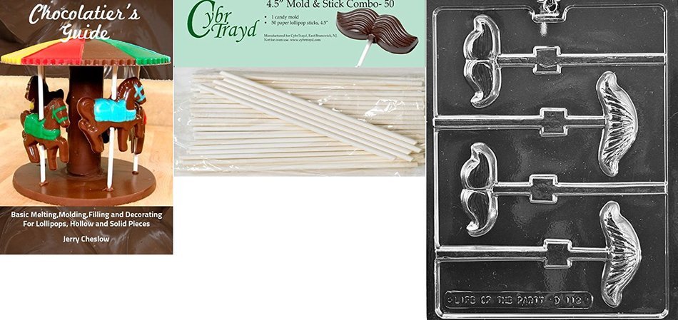 Cybrtrayd "Mustache Assortment Lolly" Dads Chocolate Candy Mold with Lollipop Supply Bundle, Includes 50 Lollipop... N2