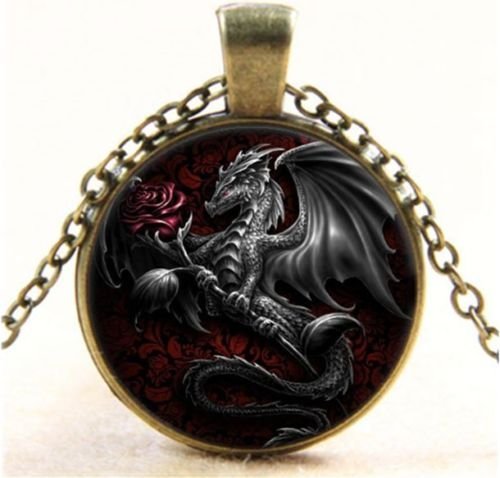 Vintage Rose Black Dragon Cabochon Glass Bronze Chain Pendant Necklace