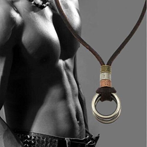 Vintage Retro Mens Leather Cord Necklace Double Circle Ring Pendant Jewelry Gift N3