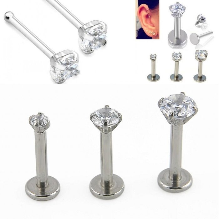 4mm 1pcs Stainless Steel 16g Sliver Cz Crystal Labret Tragus Lip Bars Rings Piercing