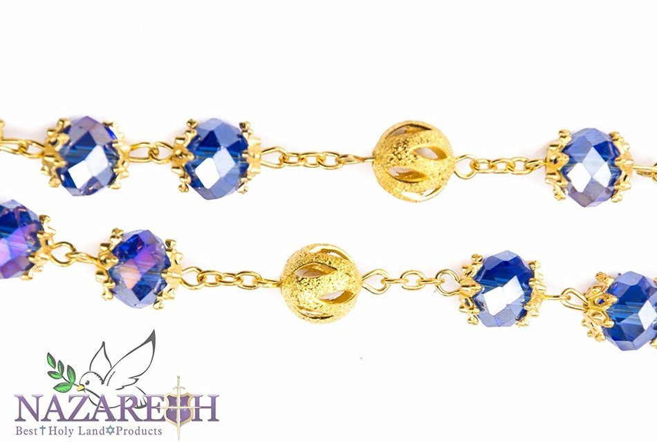 Gold Plated Blue Crystal Beads Rosary Miraculous Medal with St Benedict Cross N2
