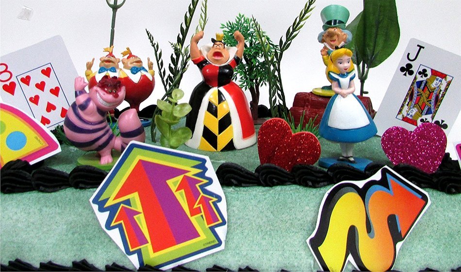 Alice in Wonderland Birthday Cake Topper Set Featuring 5 Alice in Wonderland Figures and Decorative Themed Accessories