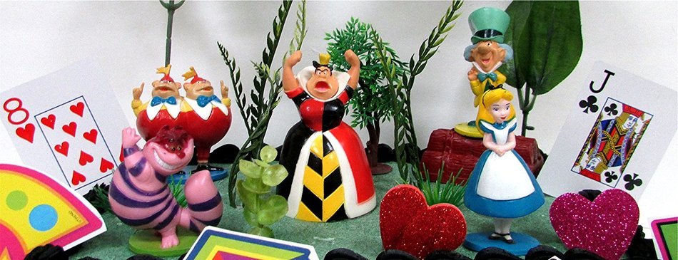 Alice in Wonderland Birthday Cake Topper Set Featuring 5 Alice in Wonderland Figures and Decorative Themed Accessories N2