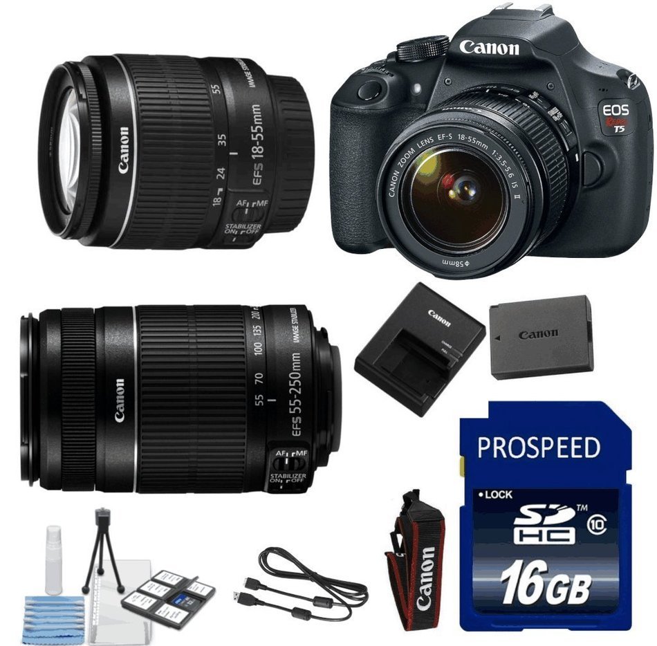 Canon T5 Digital SLR Camera + 18-55mm IS lens + 55-250 IS Telephoto Lens + 16gb Memory + 6pc Stater Kit - International...