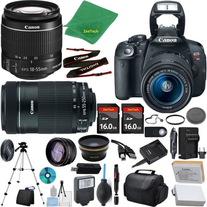 Canon Rebel T5i Camera + 18-55mm IS STM + 55-250mm STM + 2pcs 16GB Memory + Case + Memory Reader + Tripod + ZeeTech...