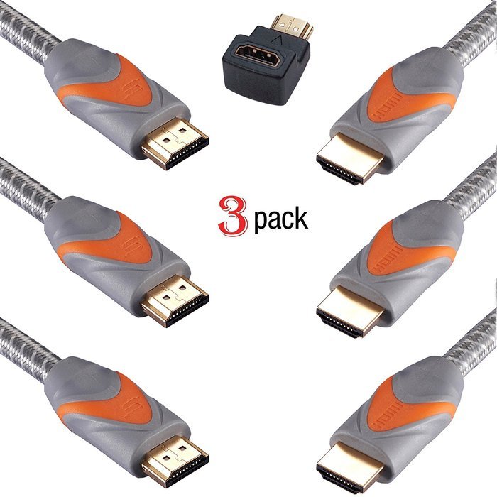 Sinseader two pack 6ft HDMI Cable + Right Angle Adapter- Braided Cord - Gold Plated Connectors - Ethernet & Audio... N9