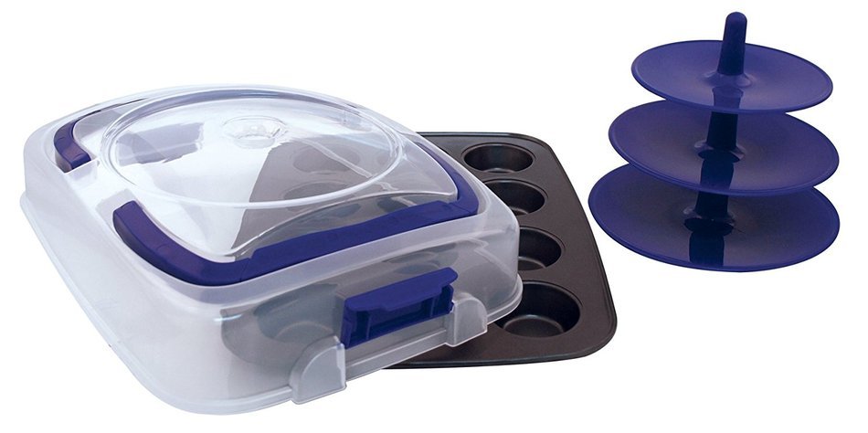Entemann's ENT29116 12 Count Cupcake Carrier with Non-Stick Pan and 3-Tier Cupcake Stand