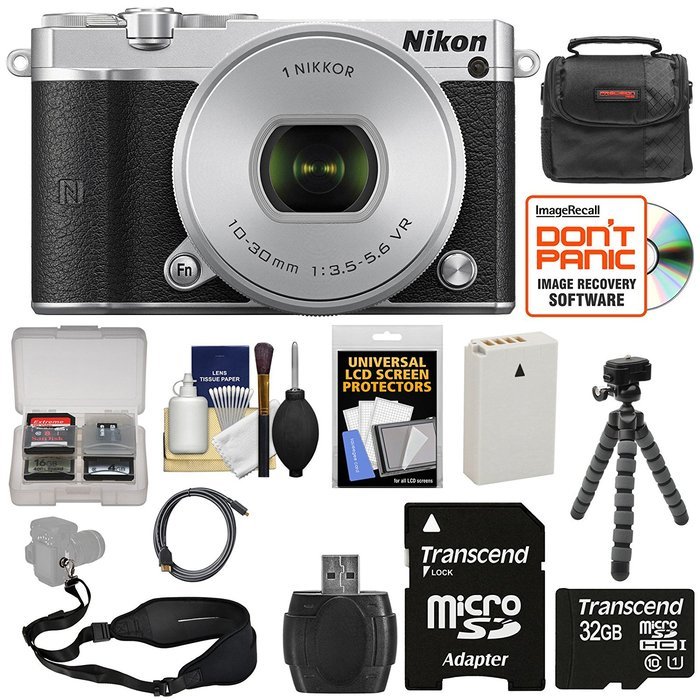 Nikon 1 J5 Wi-Fi Digital Camera & 10-30mm Lens (Silver) with 32GB Card + Battery + Strap + Case + Flex Tripod... N3