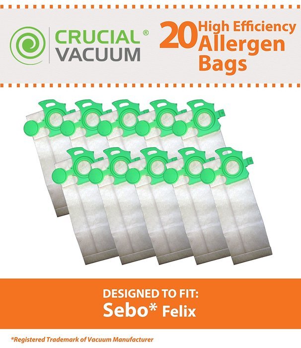20 Sebo Felix HEPA Style Cloth Bags, Part # 7029ER, Designed & Engineered by Crucial Vacuum N2