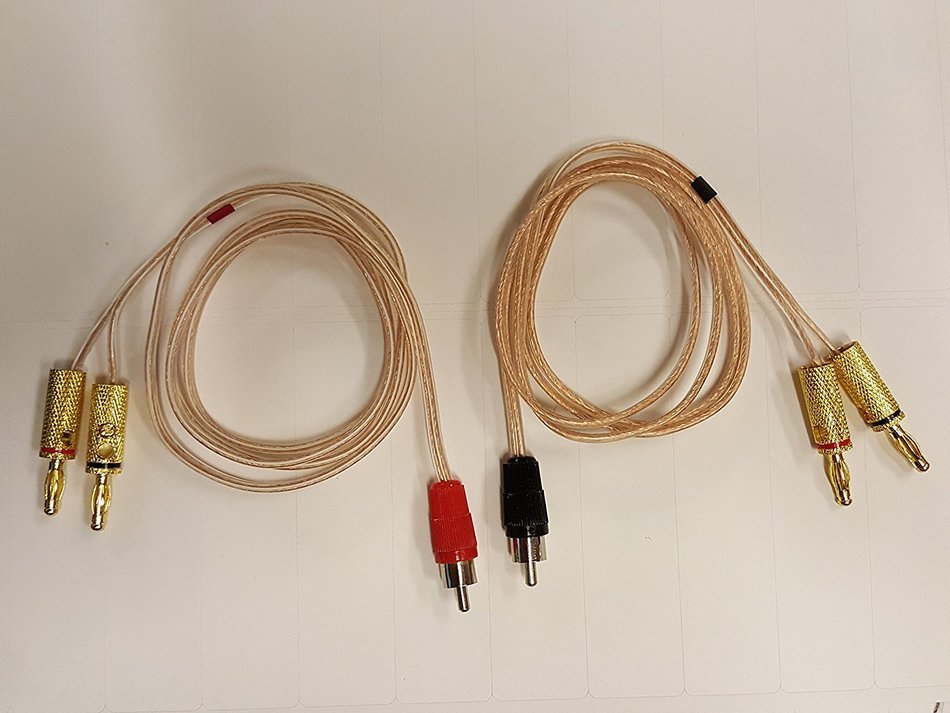 3 Foot - Pair of RCA Males (Black & Red) to 2 Pairs of Banana Plugs on 16 AWG Speaker N2